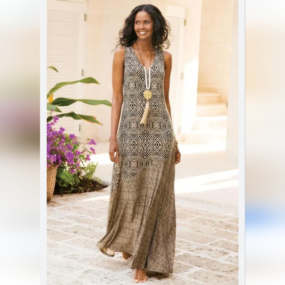 Soft Surroundings TulumTribal Bohemian Sleeveless Maxi Dress Brown Beige Size XL